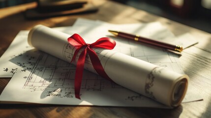 Close-up of rolled architectural plans tied with red silk ribbon, resting on a desk with Asian calligraphy pen