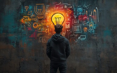 Colorful and creative business idea sketches on a concrete wall, modern abstract symbols, dynamic visual representation of innovation in a contemporary workspace