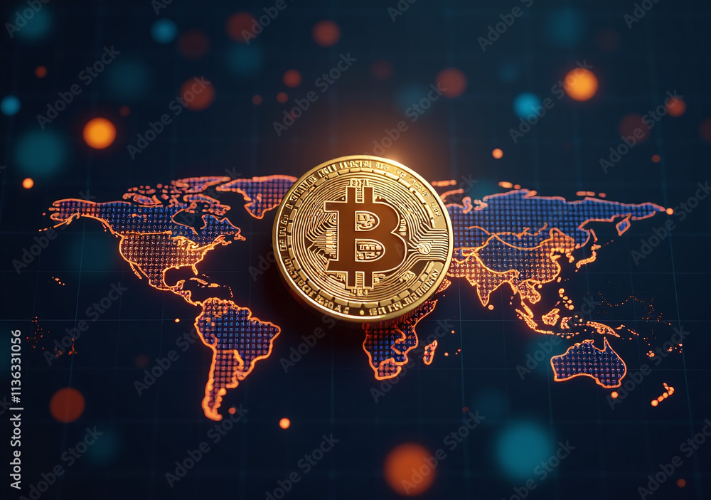 Poster bitcoin blockchain symbol interconnected finance globally represents new form digital currency usage