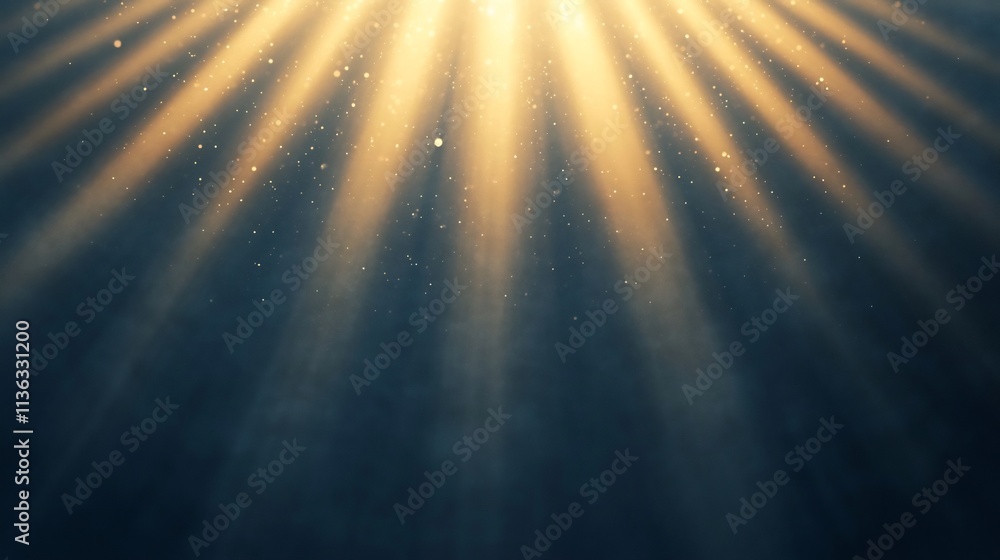 Poster cascading celestial light beams on blank background with soft shimmer effect
