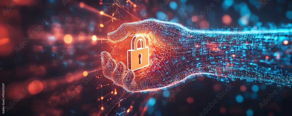 Poster conceptual digital handshake with a lock symbol, glowing data flows, dark techinspired background, r