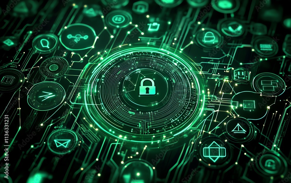 Poster conceptual graphic of a digital globe surrounded by blockchain and cybersecurity symbols, glowing da