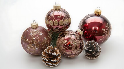 Glittering red and gold Christmas ornaments with pinecones and holly, isolated on white.