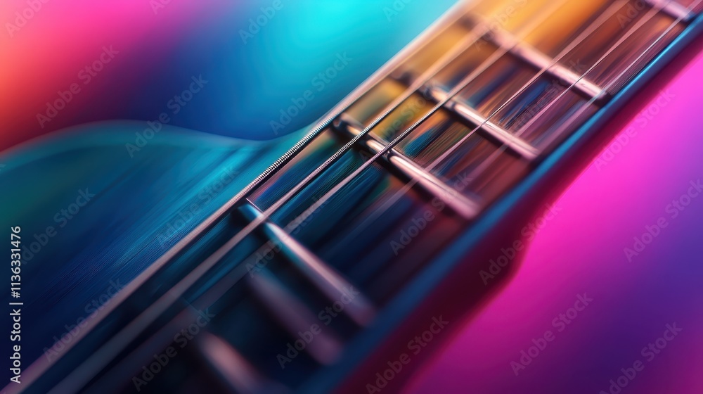 Poster close-up of a guitar's metallic strings with a background of colorful blurred lights, symbolizing mu