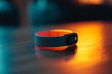 A sleek fitness tracker on a wooden surface reflects soft, ambient lighting, embodying the blend of style and technology in modern health awareness.