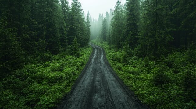 A misty trail cuts through a dense forest of towering spruce, inviting explorers to venture into its tranquil depths and embrace serenity among nature's grandeur.