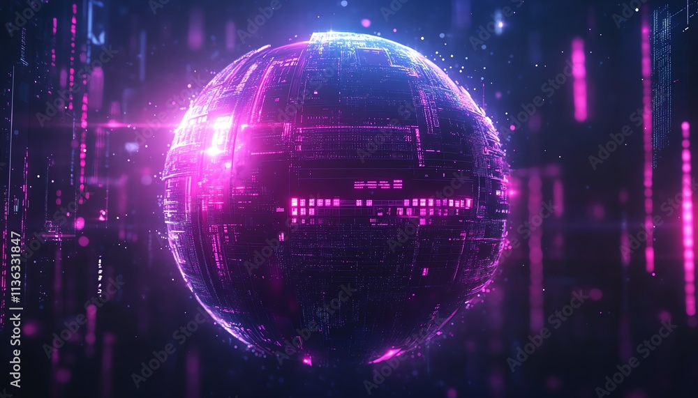 Aufkleber digital globe with glowing cybersecurity and blockchain elements, hightech graphic style, dark backg