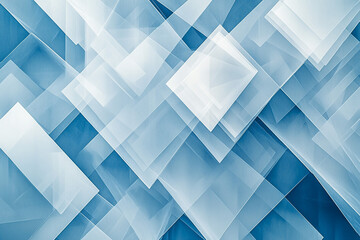 A modern abstract blue background with layered textures of white transparent materials arranged in a dynamic geometric pattern of triangles, diamonds, and squares