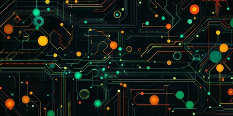 Fototapeta premium A vector graphic design featuring an array of interconnected circuit patterns in shades of green, orange, and yellow on a black background