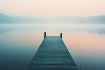 Obraz premium A serene morning mist envelops a wooden pier jutting into a calm lake, creating a peaceful and tranquil atmosphere at dawn.