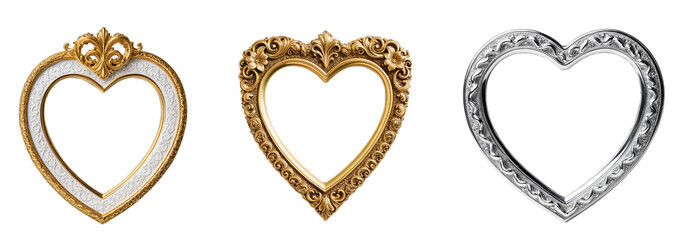 Set of gold heart frames with intricate scrollwork on a transparent background