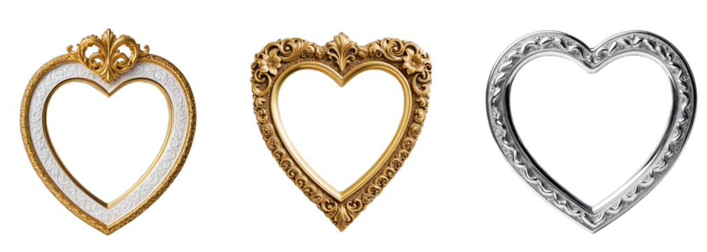 Set of gold heart frames with intricate scrollwork on a transparent background