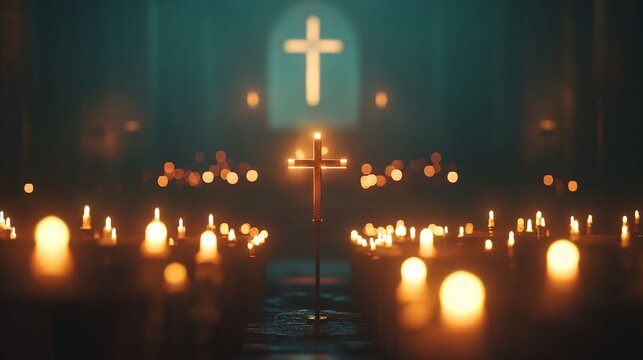 Glowing cross illuminating church interior with candles at night