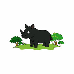 A image of a black rhinoceros in a jungle cartoon vector illustration