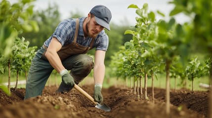 Hardworking Farmer Planting Trees in Lush Orchard Landscape