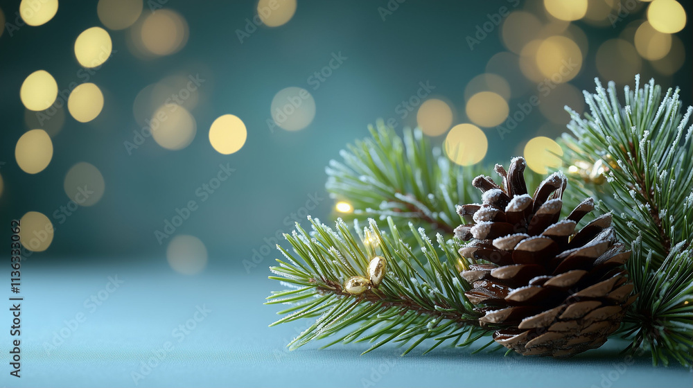 Aufkleber pine cone with frost on pine branches and bokeh lights in the background
