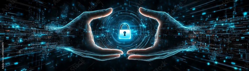 Poster digital handshake with a lock icon between two hands, glowing data lines and encryption symbols, dar