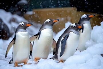 Fototapeta premium Gentoo penguins waddle along an icy coast surrounded by snow and icebergs