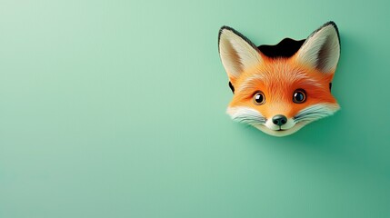 Obraz premium Cute orange fox peeking through a hole in a pastel green cartoon background. An animal sticks its head out of a hole. Colorful and creative background with copy space.