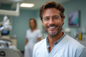 Obraz premium Smiling dentist providing care in modern dental clinic with assistant