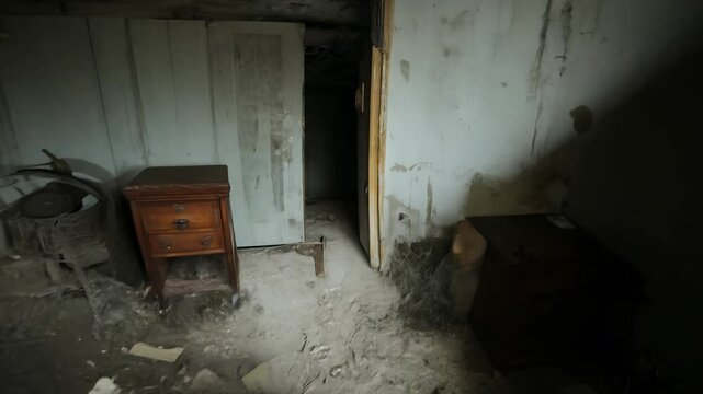 Camera shakily moves through dim basement with hard lighting casting deep shadows, old furniture, chains rattling