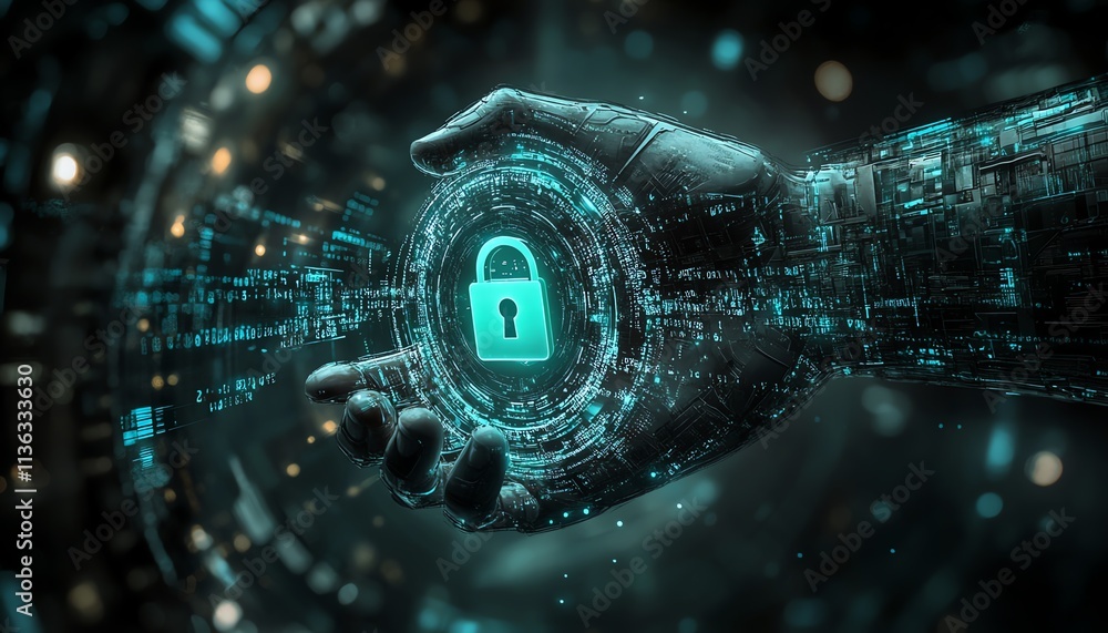 Poster futuristic digital handshake with a glowing lock symbol, encrypted data flows on a dark background, 