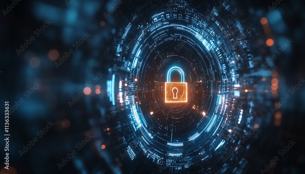 Poster futuristic digital handshake with a lock symbol, glowing encryption elements on a dark background, s