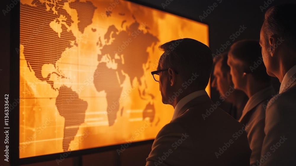 Poster collaborative business meeting with digital data projections and discussions