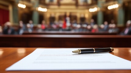 Policy Agreement Document on Desk with Government Officials in Serious Discussion