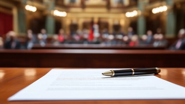 Policy Agreement Document on Desk with Government Officials in Serious Discussion
