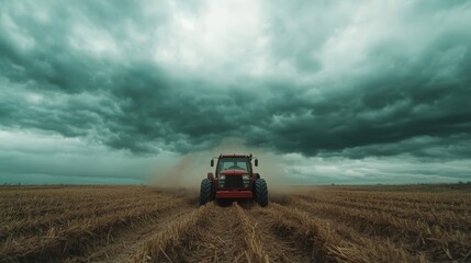 Naklejka premium A sturdy red tractor churns through an expansive field as dark, dramatic storm clouds gather above, highlighting the resilience of rural farming life.