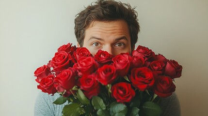 Young man holding a festive bouquet with roses on a light background