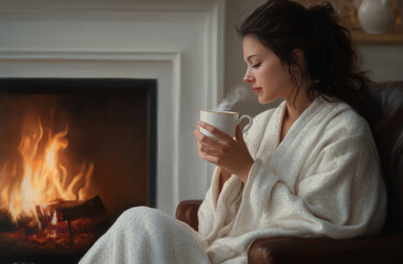 Woman in a robe, sitting by a fireplace, sipping tea