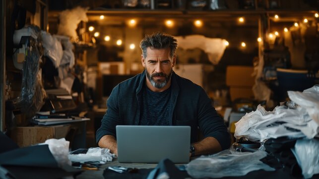 A serious man is deeply engrossed in using his laptop in a busy workshop environment, adorned with hanging lights, cardboard boxes, and scattered materials around him.