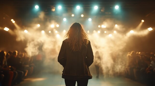 A silhouette of a person standing on stage amidst mystical lighting and smoke, capturing the essence of performance, anticipation, and atmospheric drama.