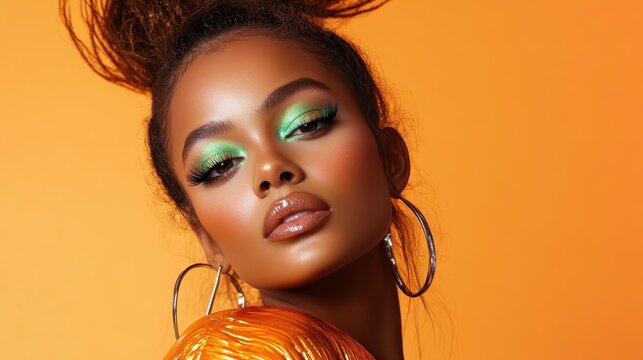 This image features bold green eyeshadow, glossy lips, and a modern hairstyle paired with an orange outfit, highlighting artistic makeup and fashion elegance.