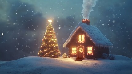 Cozy winter home with smoke rising softly from the chimney and a glowing festive Christmas tree inside