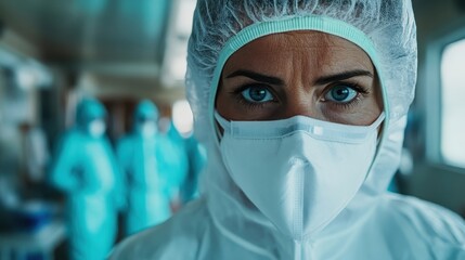 A medical professional in scrubs, seen in a hospital environment, exhibiting a focused and intense gaze, reflecting dedication and professionalism during challenging times.