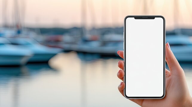 Hand holding smartphone against a sunset backdrop at a yacht marina, showcasing blank screen for creative design options