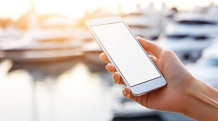 Holding a smartphone against a stunning sunset backdrop at a yacht marina