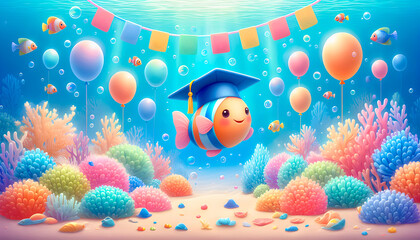 Magical underwater kindergarten graduation scene with ABC blocks, colorful balloons, graduation caps, diplomas, and tropical fish among vibrant corals – a whimsical celebration of learning