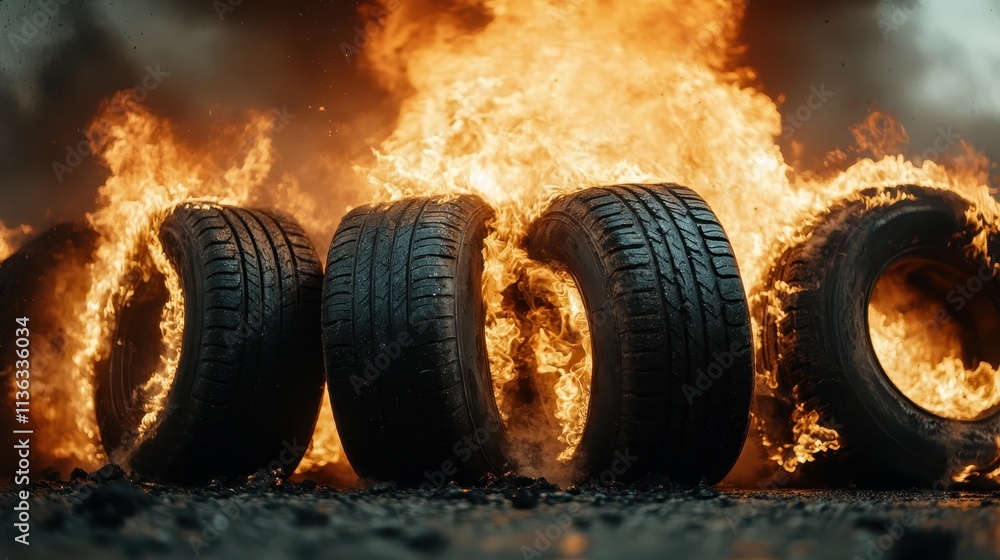 Poster a dramatic image showcasing four tires engulfed in intense flames, portraying a powerful visual of d
