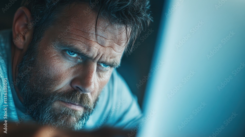 Poster the portrait captures an intense and focused expression of a man as he deeply concentrates while gaz