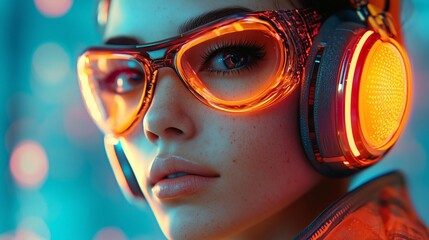 Close-Up of a Woman Wearing Futuristic LED Headphones and Stylish Neon Orange Glasses