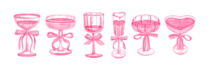 Valentine day coquettish cocktail set, vector watercolor wine glass illustration, pink girly drinks. Love potion alcohol beverages, wedding romantic design, ribbon bow, heart. Valentine cocktail icon