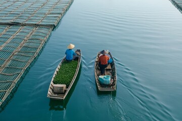 Obraz premium Two small boats silently navigate a serene waterway lined with floating green gardens, embodying peace and balance.