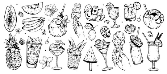 Summer exotic cocktail set, vector hand drawn doodle tropical dessert, ice cream sorbet fresh fruit. Vacation refreshment beverages, jungle beach dessert, cold lemonade glass, coconut. Summer cocktail