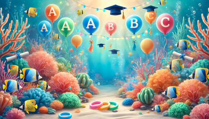 Magical underwater kindergarten graduation scene with ABC blocks, colorful balloons, graduation caps, diplomas, and tropical fish among vibrant corals – a whimsical celebration of learning