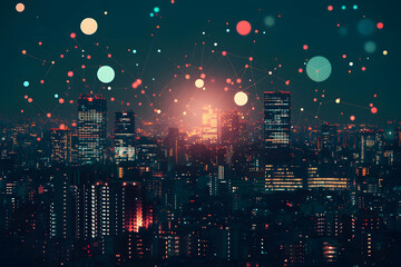 Fototapeta premium Night cityscape with network connections.