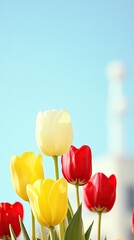 Obraz premium Vibrant tulip flowers blooming under a sunny sky in a springtime garden with a scenic backdrop perfect for text placement